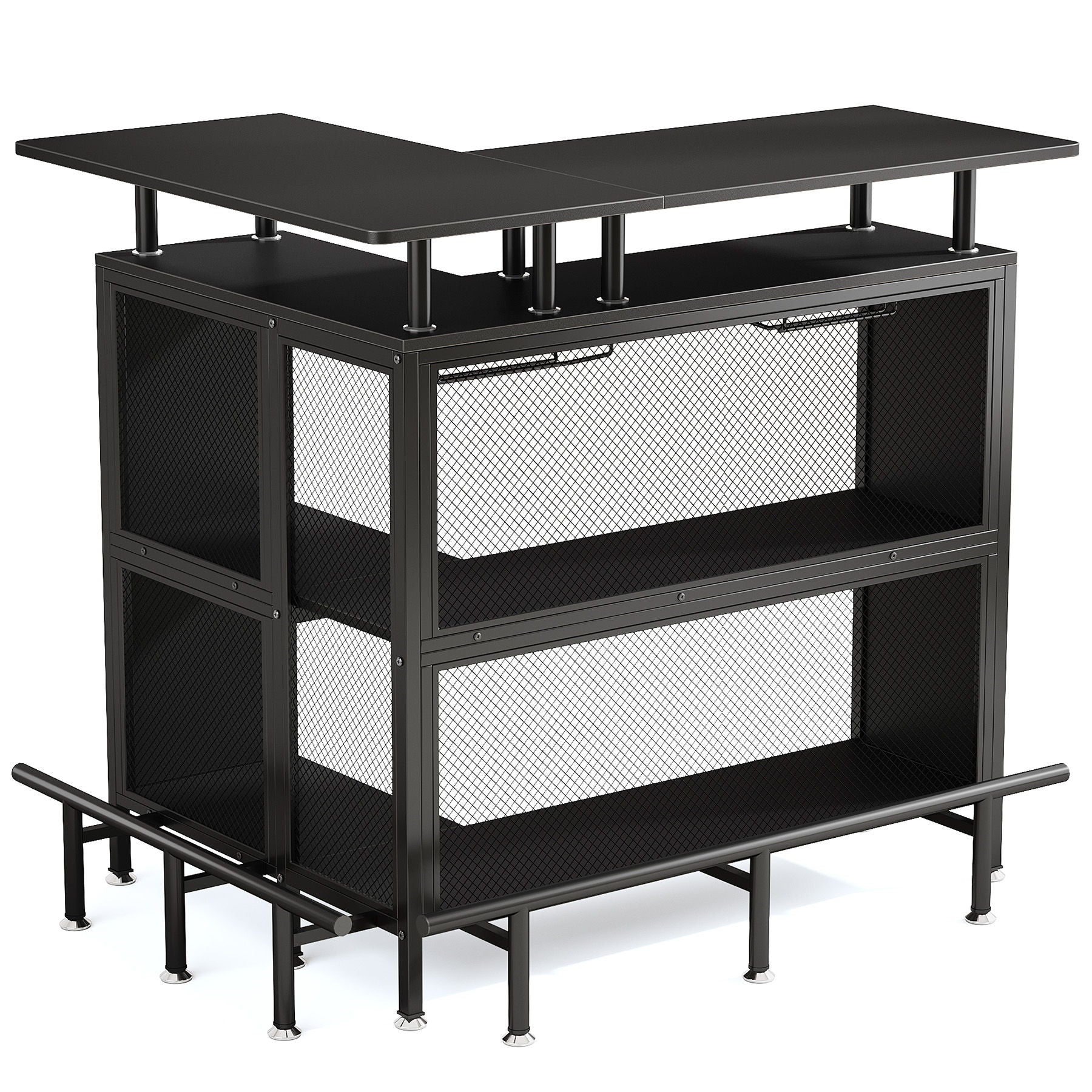 L Shaped Home Mini Bar Table With 2 Tier Shelves & Glass Racks - Black by HouseOfZazla