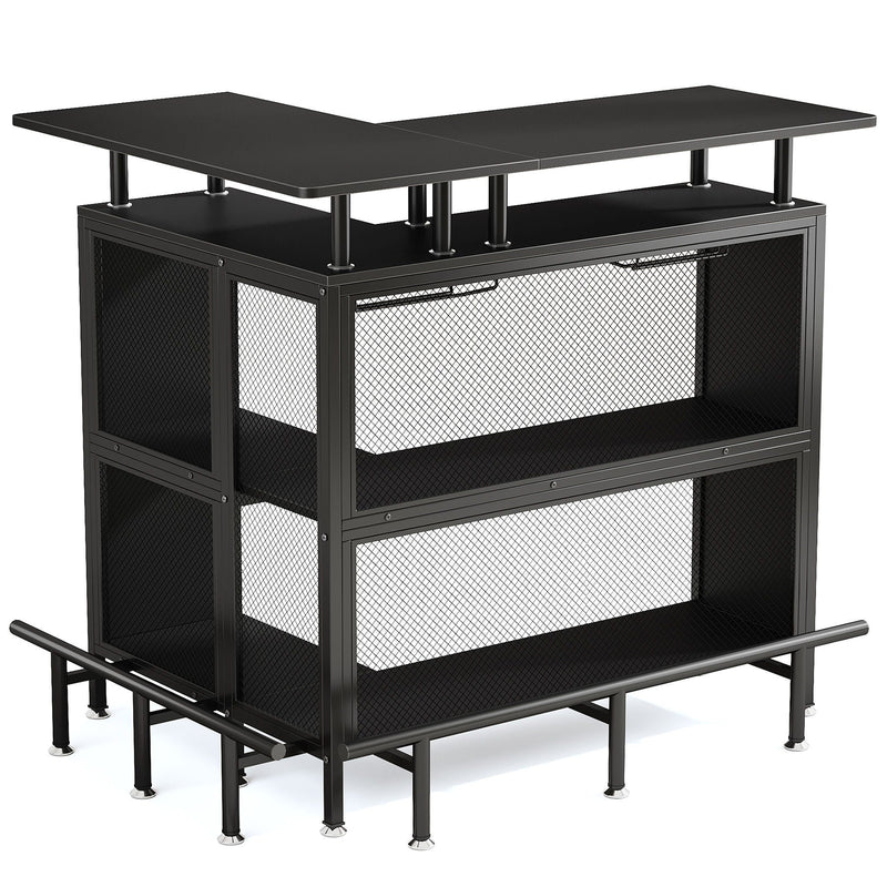 L Shaped Home Mini Bar Table With 2 Tier Shelves & Glass Racks - Black by HouseOfZazla