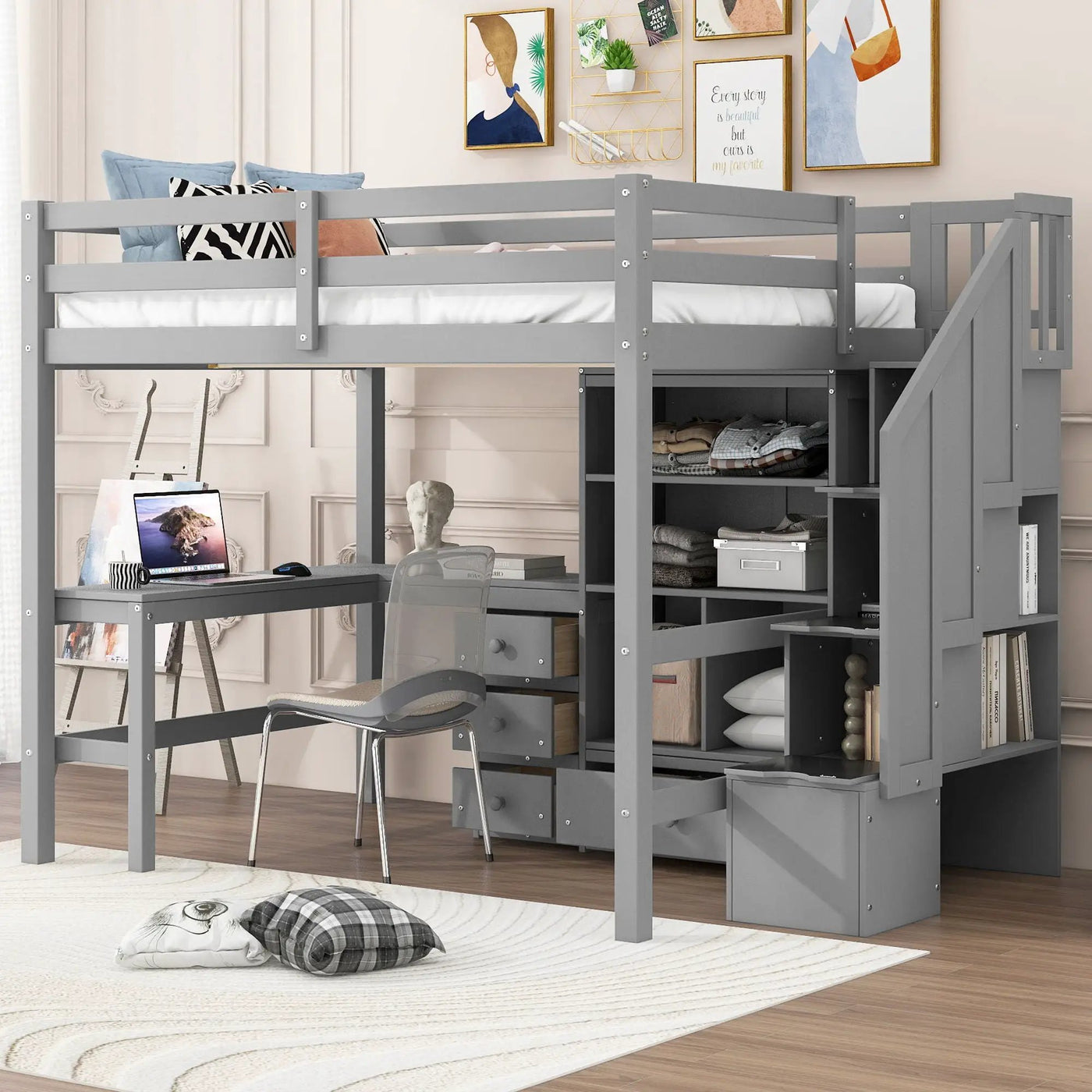 Loft Bed & L Shaped Desk, Drawers, Cabinet, And Storage Staircase by HouseOfZazla