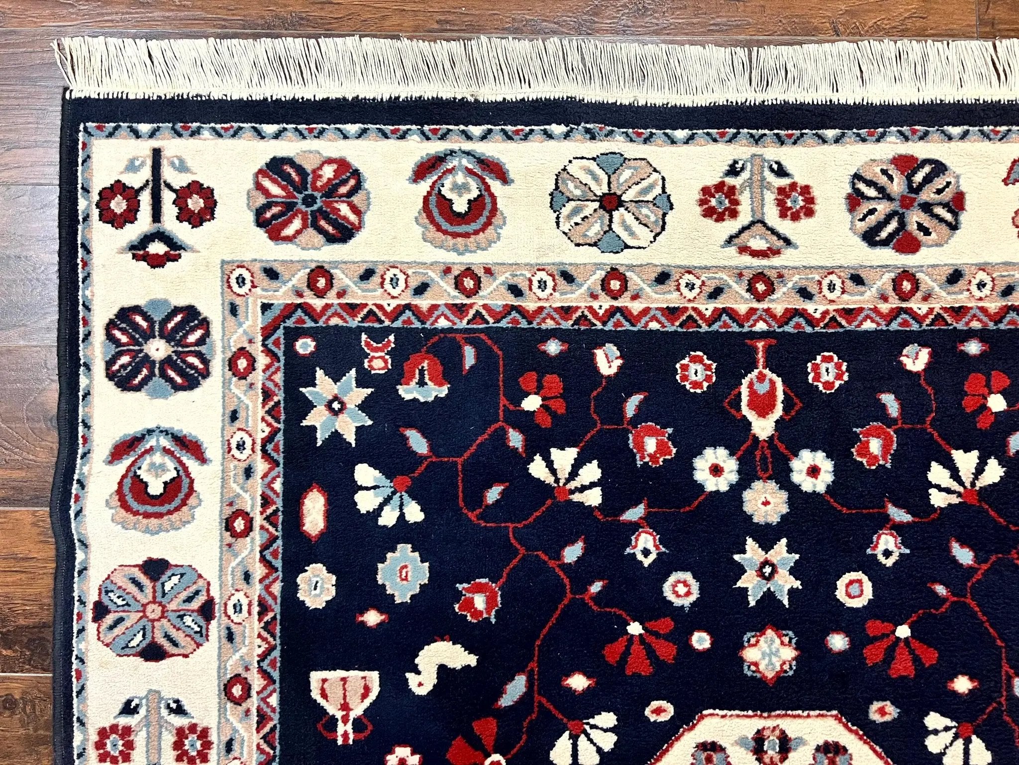 Belgium Power Loomed Rug 5.6 x 7, Navy Blue and Ivory, Heriz Pattern, Vintage Oriental Carpet by Jewel Rugs