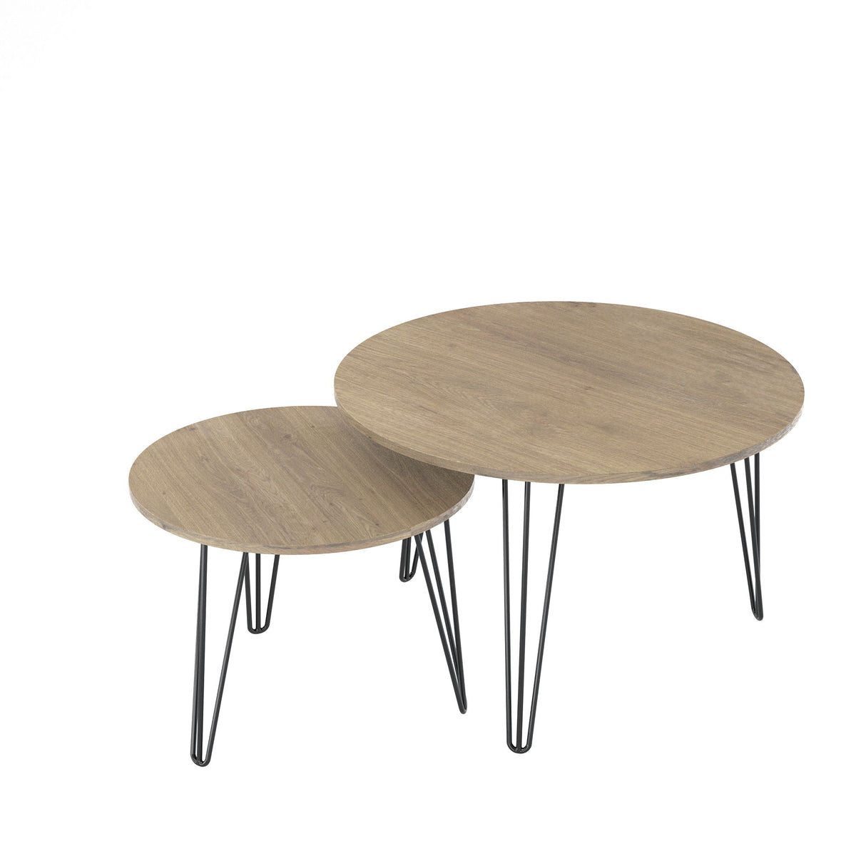 Rustic Round Nesting Coffee Table Set of 2 with Metal Frame - White, Black, Light Brown