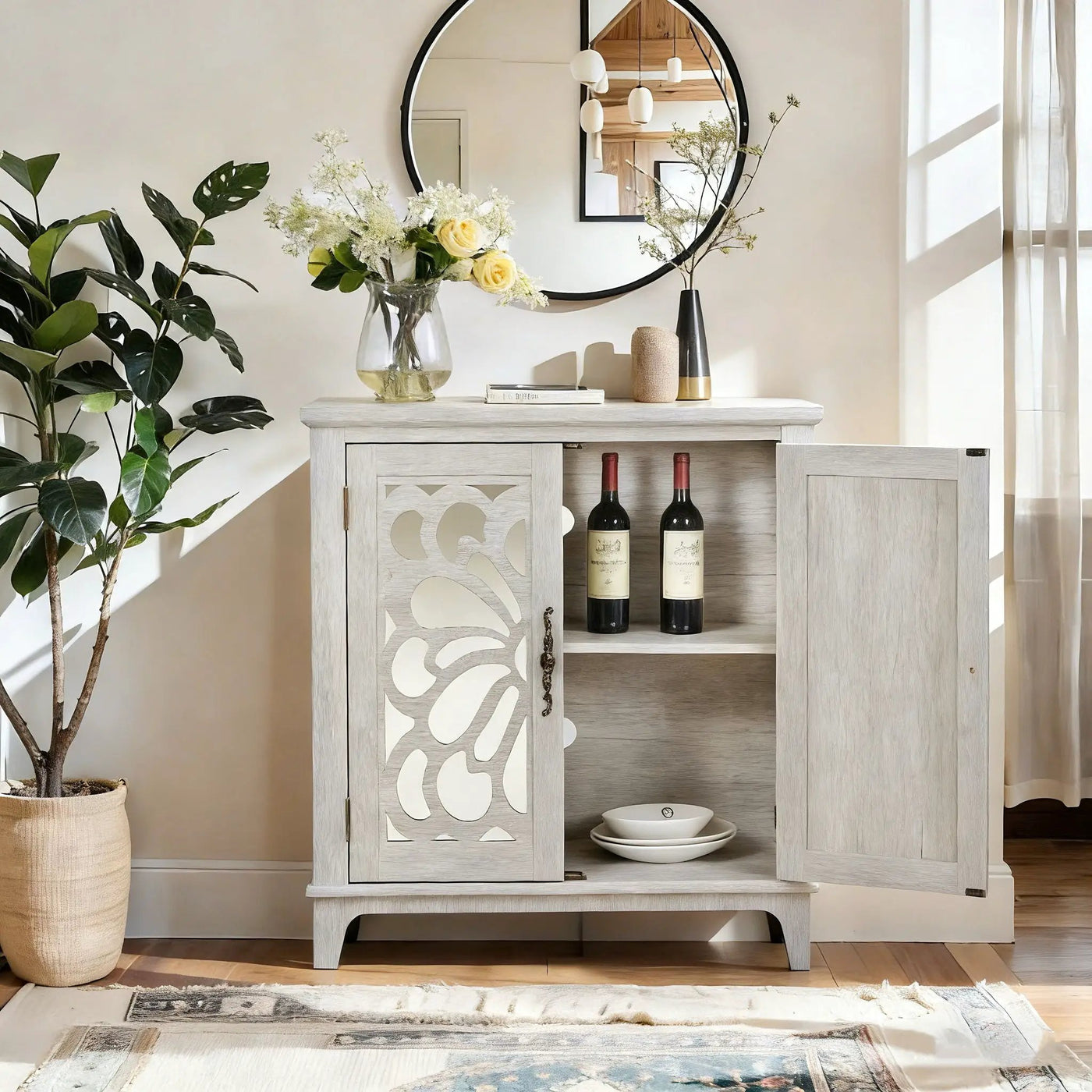 Elegant Sideboard With 2 Acrylic Mirrored Doors, Adjustable Shelf Storage by HouseOfZazla