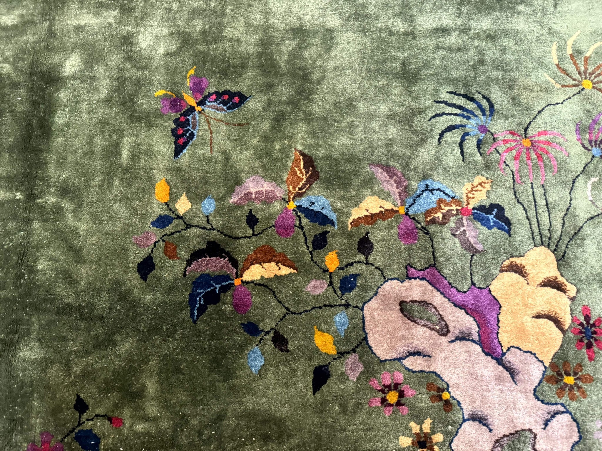 Antique Chinese Nichols Rug 9x12 - Rare Green and Purple Art Deco Carpet by Jewel Rugs