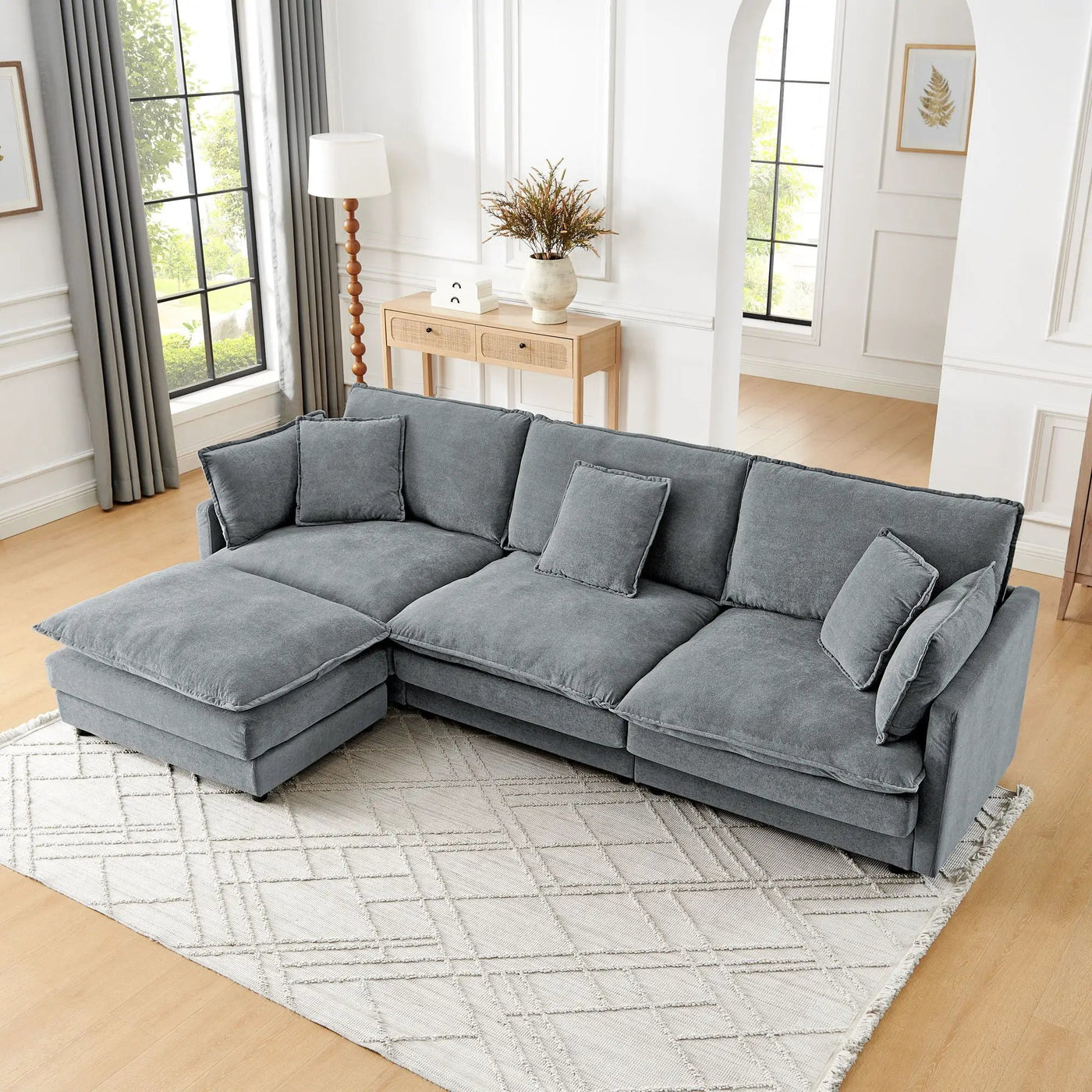 L-Shaped Sectional Sofa With Ottoman, Convertible 4 Seater Couch by HouseOfZazla