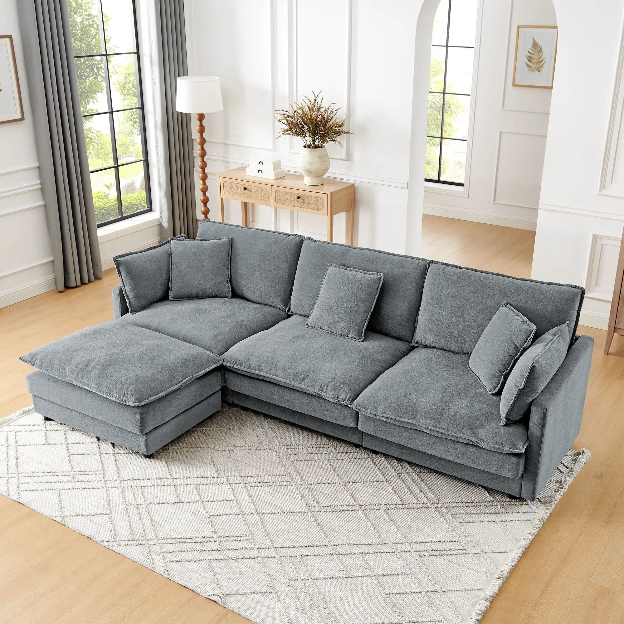 L-Shaped Sectional Sofa With Ottoman, Convertible 4 Seater Couch by HouseOfZazla