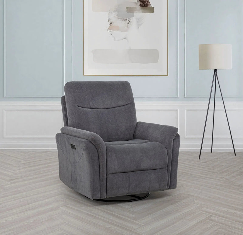 Adler Upholstered Power Swivel Glider Recliner Charcoal Grey by Unique Piece Furniture