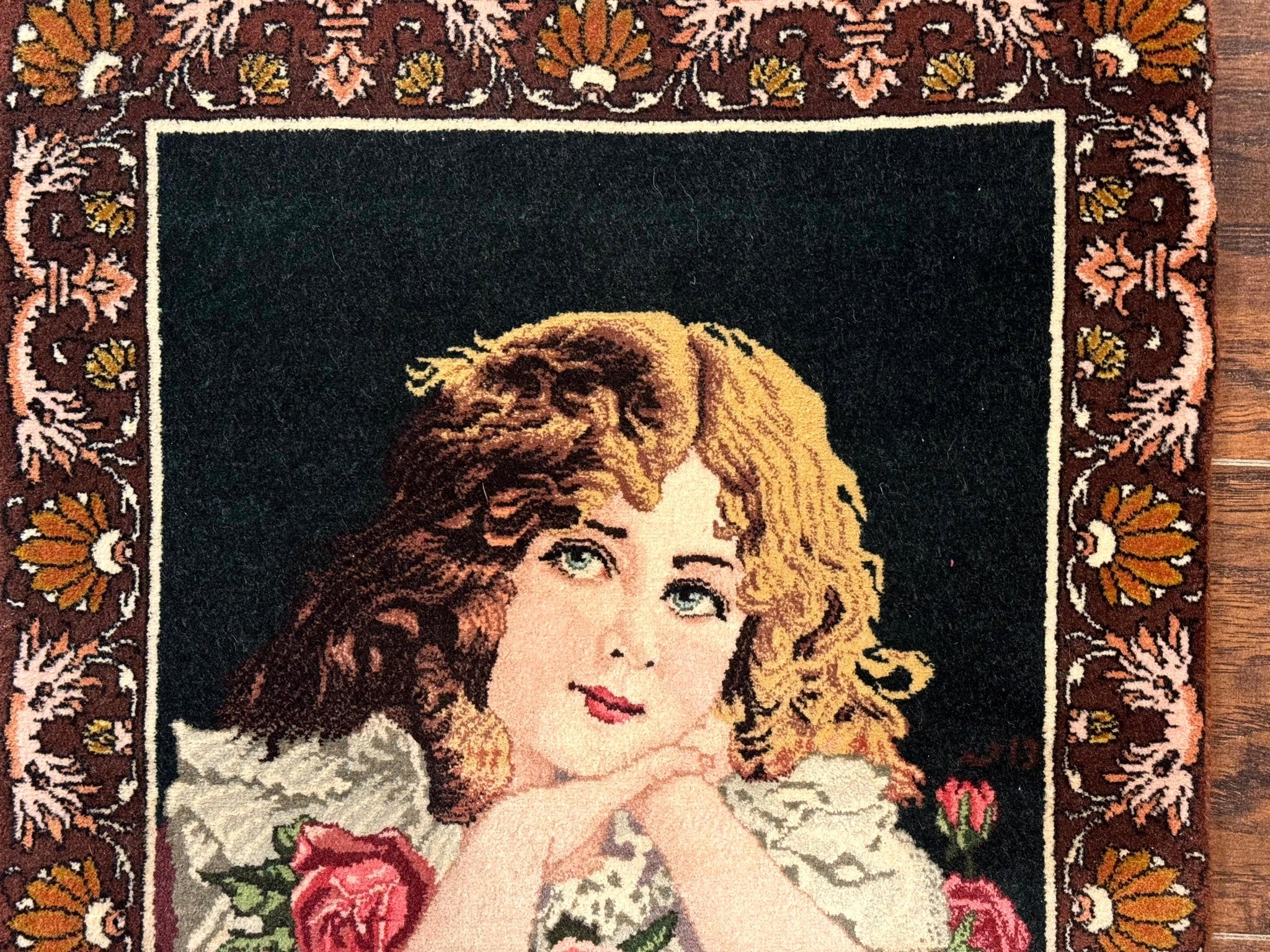 Small Persian Tabriz Pictorial Rug of Young Girl, Very Fine 380 KPSI, Portrait of Young Lady with Roses, Handmade, Persian Rug for Wall Hanging by Jewel Rugs