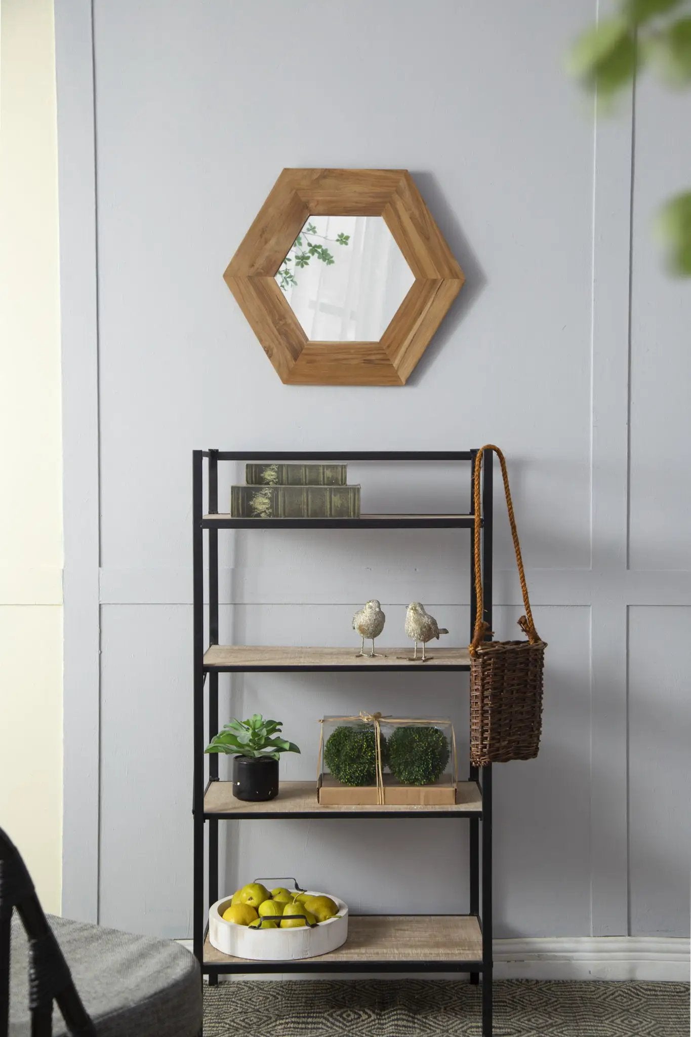 Hexagon Mirror With Natural Wood Frame, Wall Decor For Living Room Bathroom Hallway by HouseOfZazla
