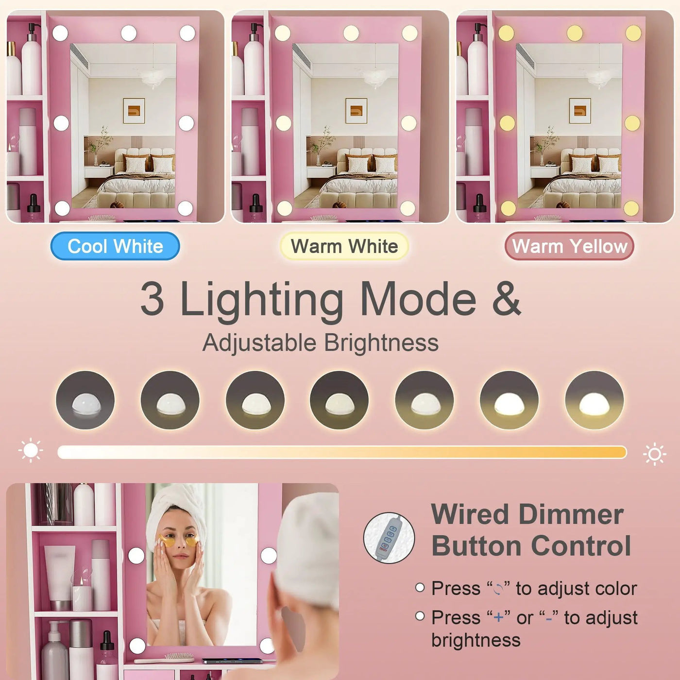 Vanity Table With Mirror, Adjustable LED Lights, Power Outlet, Hairdryer Holder & Stool by Unique Piece Furniture