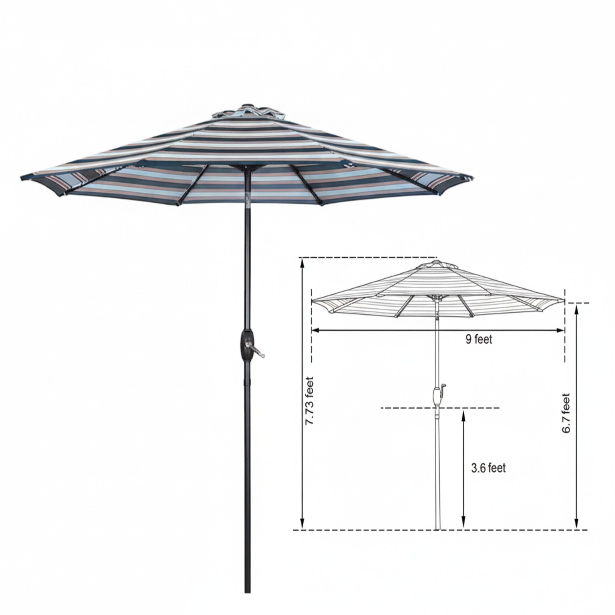 Patio Umbrella With Crank Lift & Push Button Tilt Frame, 200G / Sqm Solution Dyed Canopy - Blue Multi / Brown by HouseOfZazla