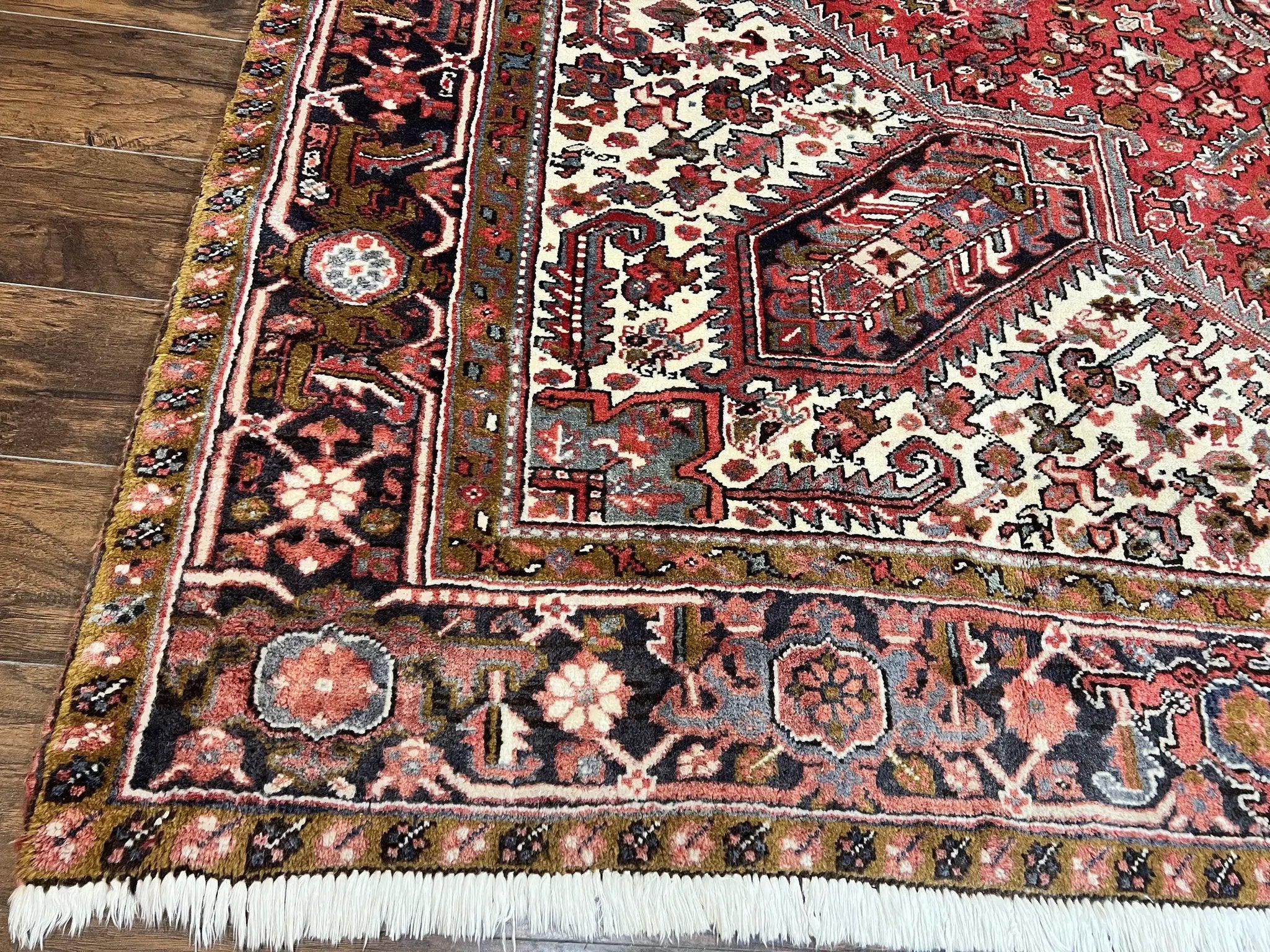 Large Persian Heriz Rug 10x13, Wool Hand Knotted Antique Carpet, Red and Ivory, Geometric Tribal Room Sized Rug, Decorative Oriental Rug by Jewel Rugs