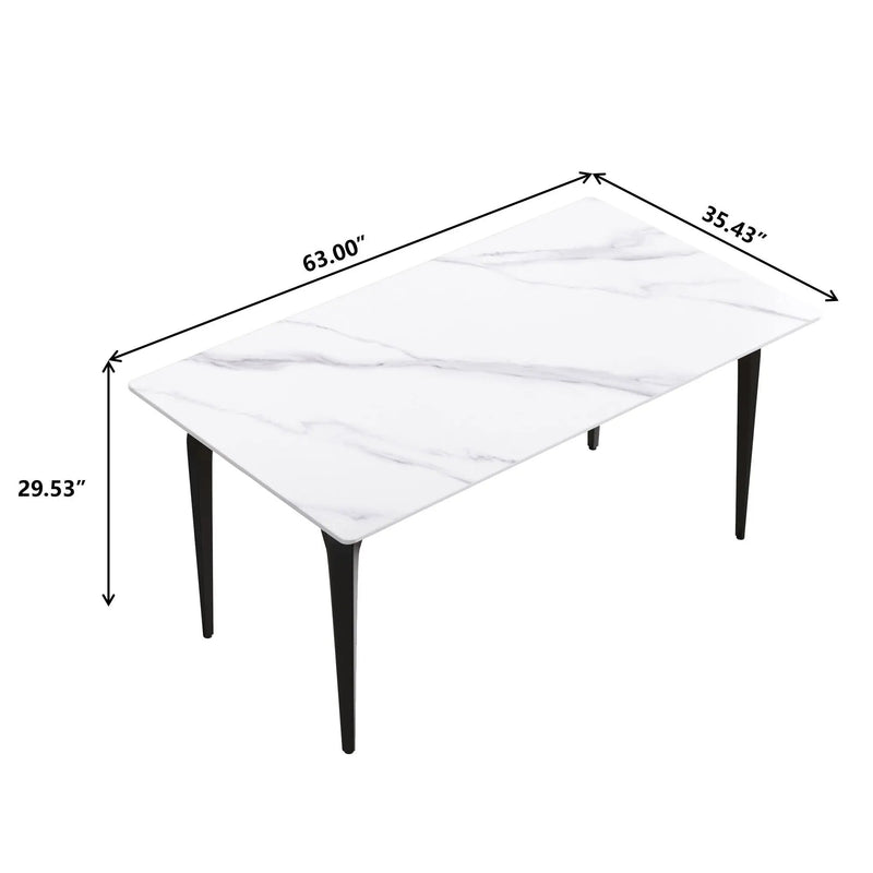 63" Modern Artificial Stone White Straight Edge Black Metal Leg Dining Table, 6 People - White / Black by HouseOfZazla