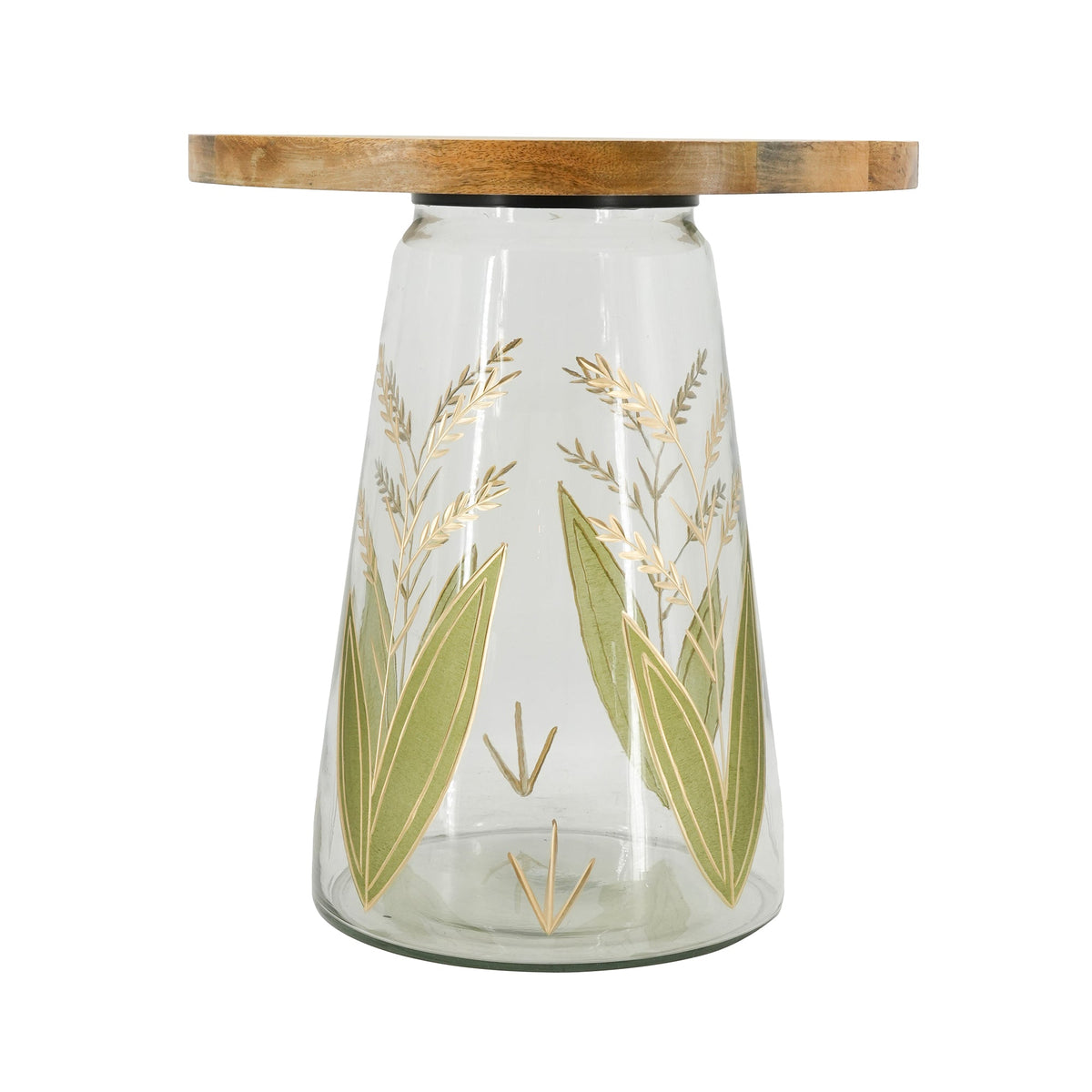 Round Glass Side Table with Hand-Painted Glass Base and Wood Top, photo 4 of 9