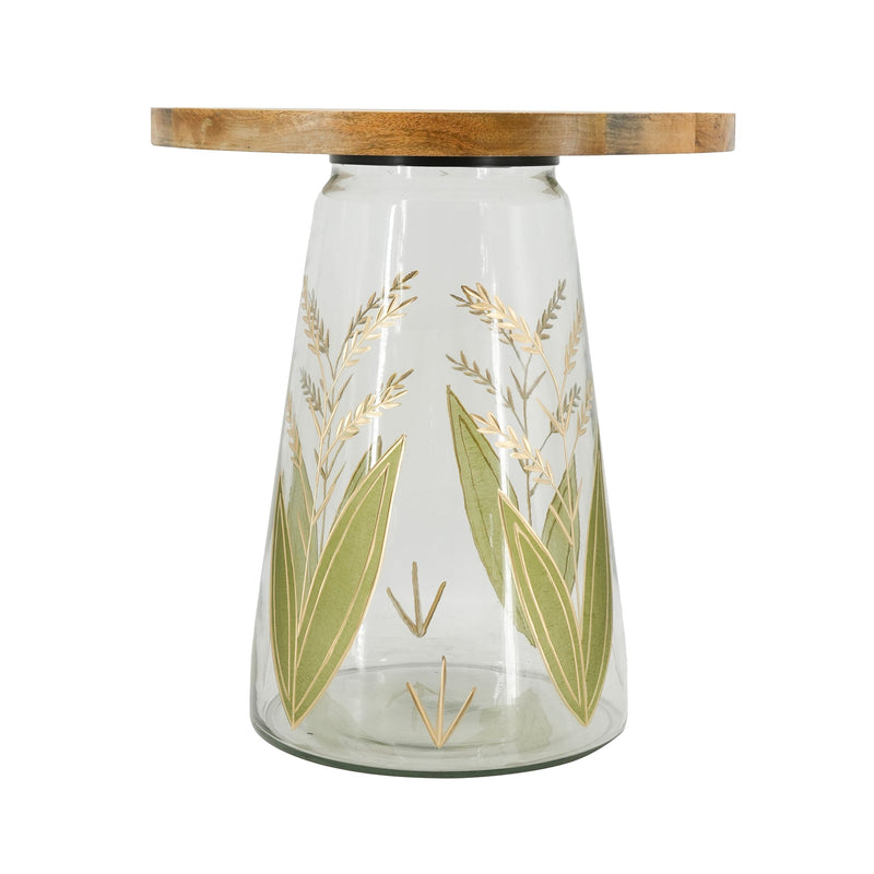 Round Glass Side Table with Hand-Painted Glass Base and Wood Top, photo 4 of 9
