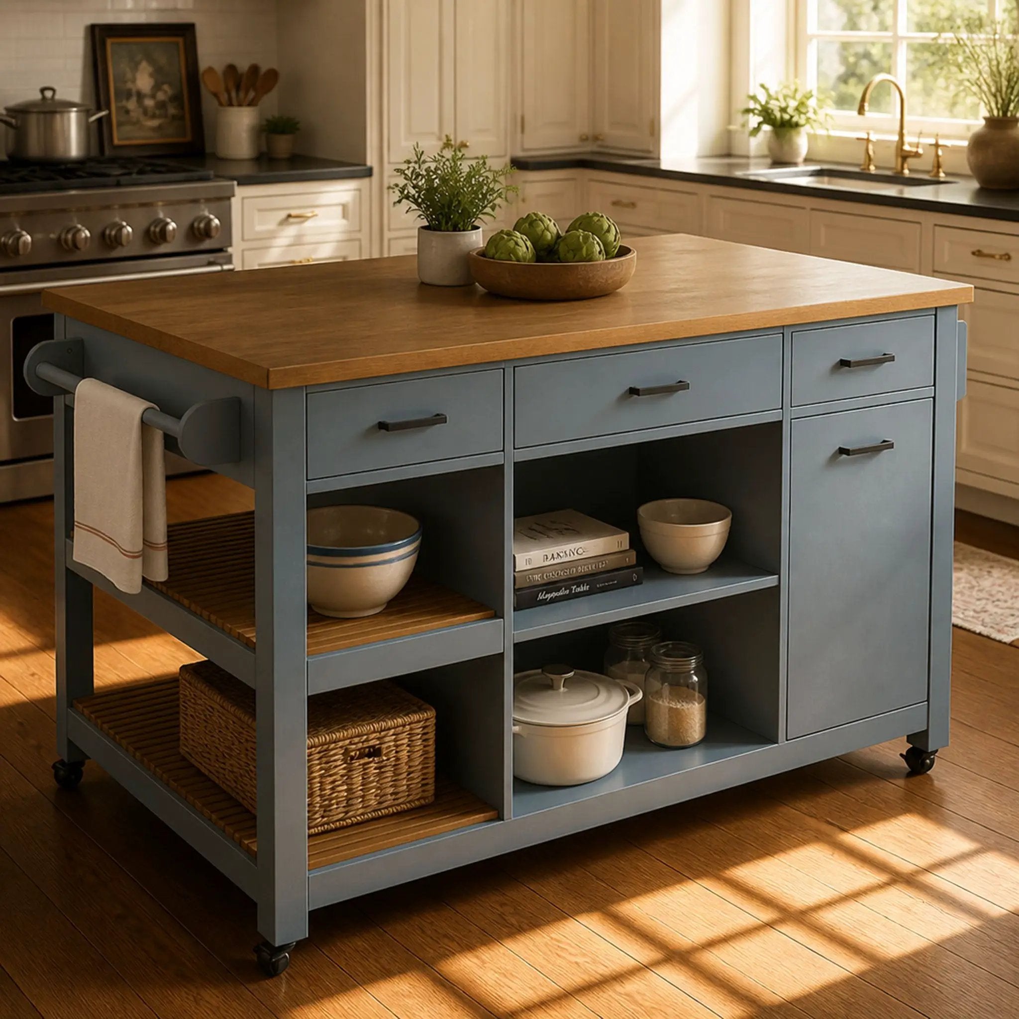 52" Kitchen Island Cart with Rubber Wood Top by HouseOfZazla