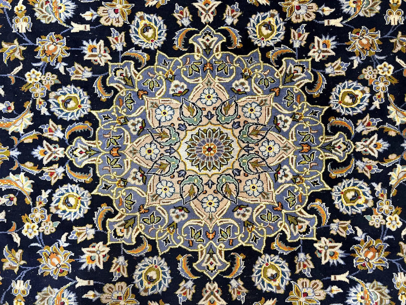 Wonderful Navy Blue Persian Kashan Rug 11x13, Allover Floral Design with Central Medallion, Wool Hand-Knotted Antique Carpet, Signed Rabani Rug by Jewel Rugs