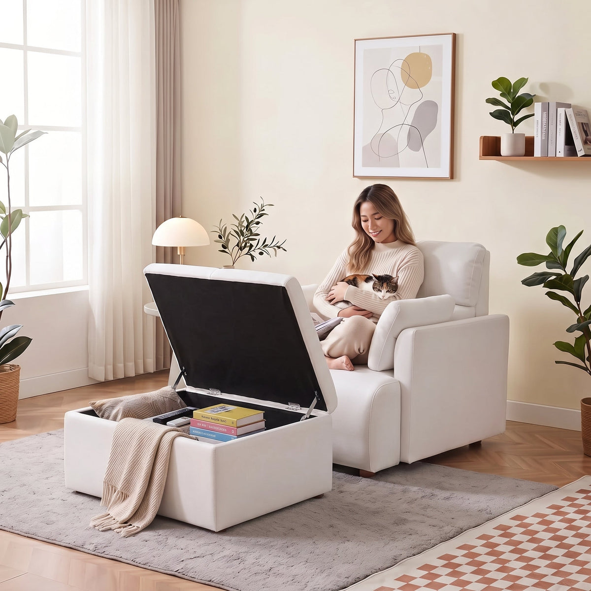 Oversized Accent Chair w/Storage Ottoman, Wide Accent Armchair Chair for Living Room, Modern Sofa Lounge Chair, Upholstered Mid-Century Reading Chair, Comfy Living Room Chair, Deep Seat Couch(White), photo 9 of 10