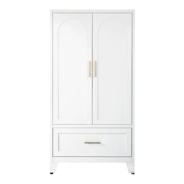 Wardrobe Cabinet With 1 Drawer And Hanging Rod, 2 Doors Closet With Shelf For Bedroom - White
