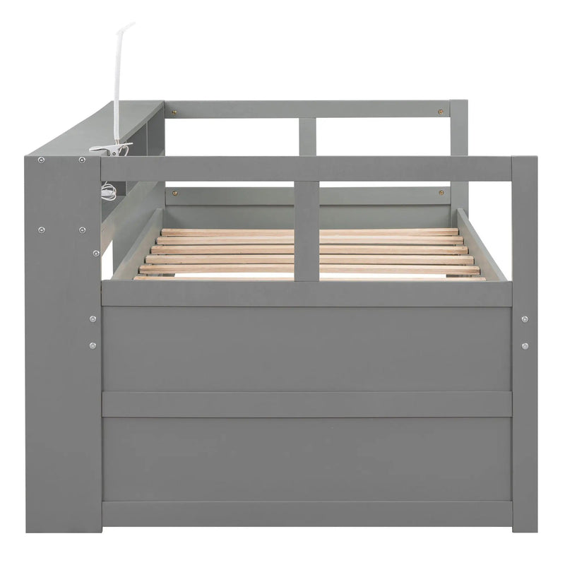 Daybed With 2 Trundles, 3 Storage Cubbies, Built In USB Charging Light by HouseOfZazla