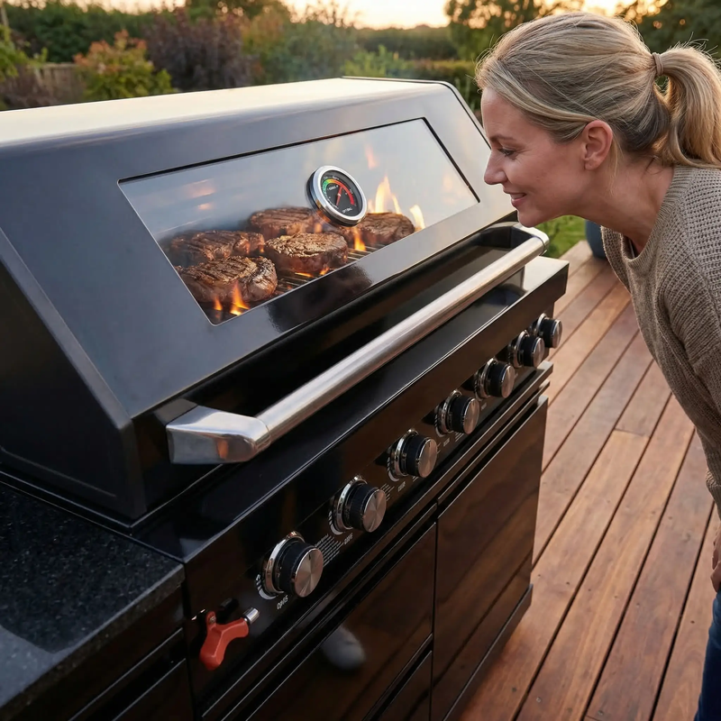 Black 6-Burner 85000 BTU Deluxe Stainless Steel Propane Gas Outdoor Kitchen Barbecue Island Grill with Marble by HouseOfZazla
