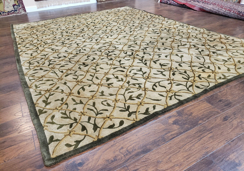 Vintage Tibetan Nepalese Area Rug 9x12, Wool Hand-Knotted, Beige Nepali Soft Pile Carpet, 9 x 12 Living Room Modern Dining Room Rug by Jewel Rugs
