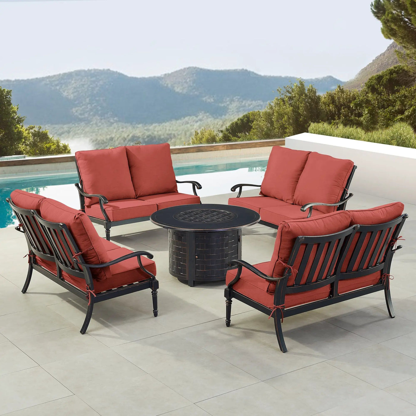 Black Aluminum Fire Table Set with Four Deep Seating Loveseats by Sharicks