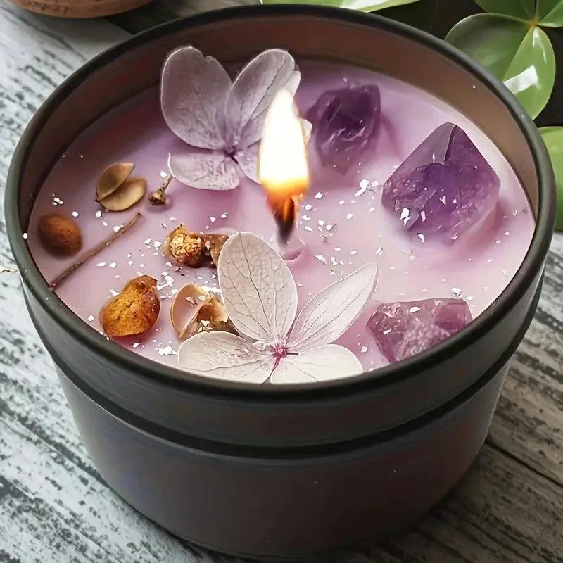 [Aesthetic Lavender Candle] 4pcs Lavender Candle - Aesthetic Fragrance, Cute Purple Embedded Crystal & Petals, Novelty Medium Home Kitchen Decoration - Soft Lavender Fragrance, Soy Wax, Women's Luxury Gift, Creativity/Candle by House Of Avana