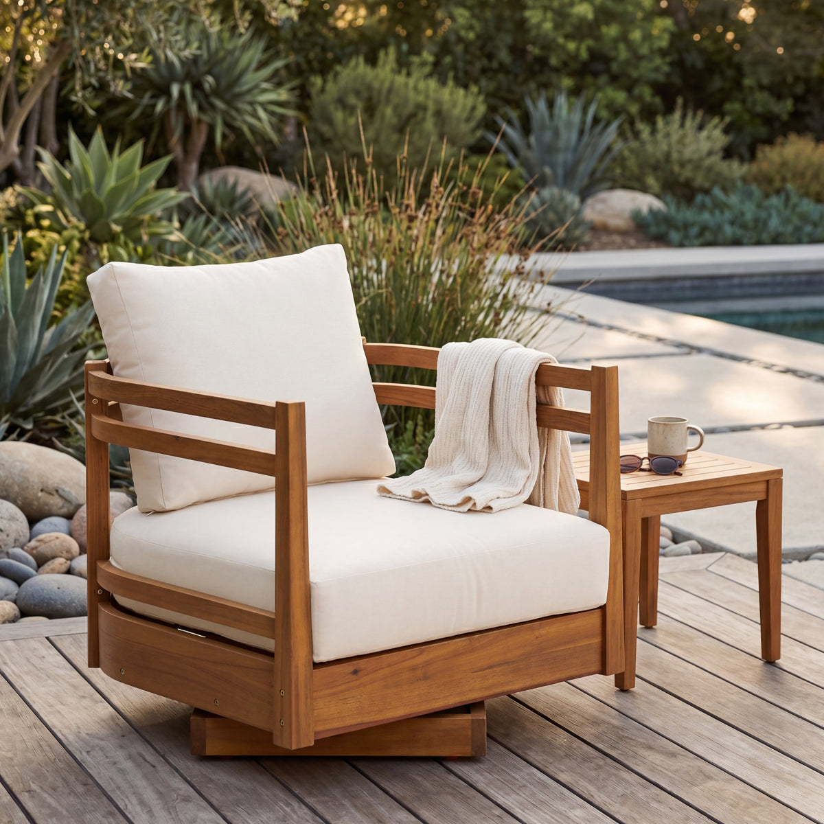 Acacia Wood Outdoor Swivel Chair with Plush Cushions - Natural, photo 7 of 10