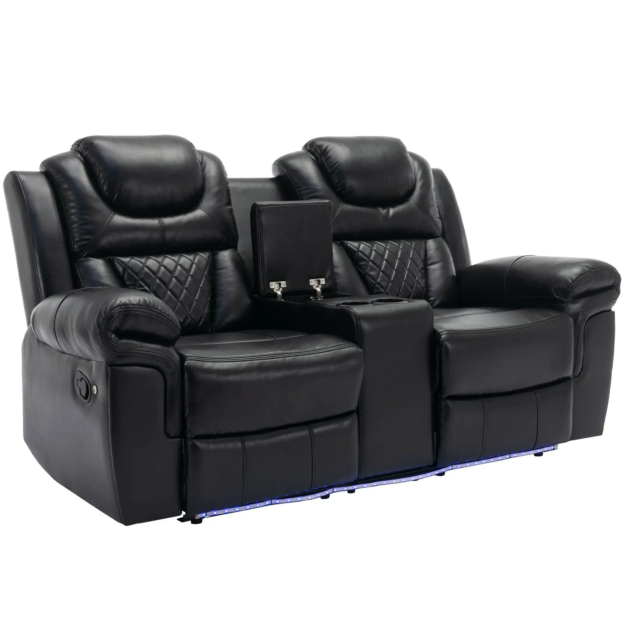 Home Theater Seating Manual Recliner Loveseat With Hide-Away Storage, Cup Holders And Led Light Strip For Living Room by HouseOfZazla
