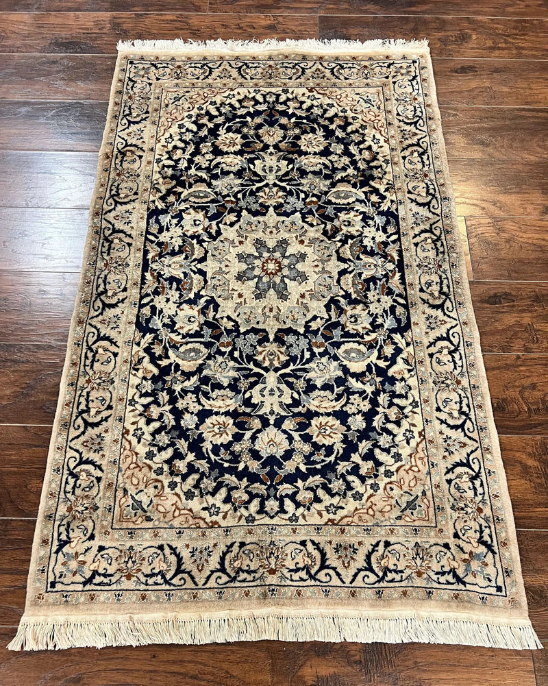 Persian Nain Rug 3x5, Floral Medallion Oriental Carpet, Very Fine Hand Knotted Handmade Wool and Silk Highlights Rug, Vintage Semi Antique by Jewel Rugs
