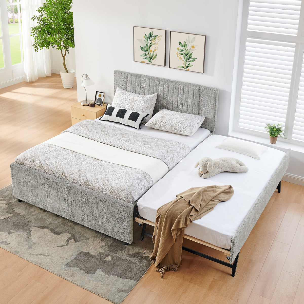 Queen Size Vertical Channel Tufted Headboard & Nailhead Trim Space Saving Upholstered Bed, Multi-functional Design with 2 Storage Drawers and Pull-out Trundle Bed, Chenille, photo 3 of 10