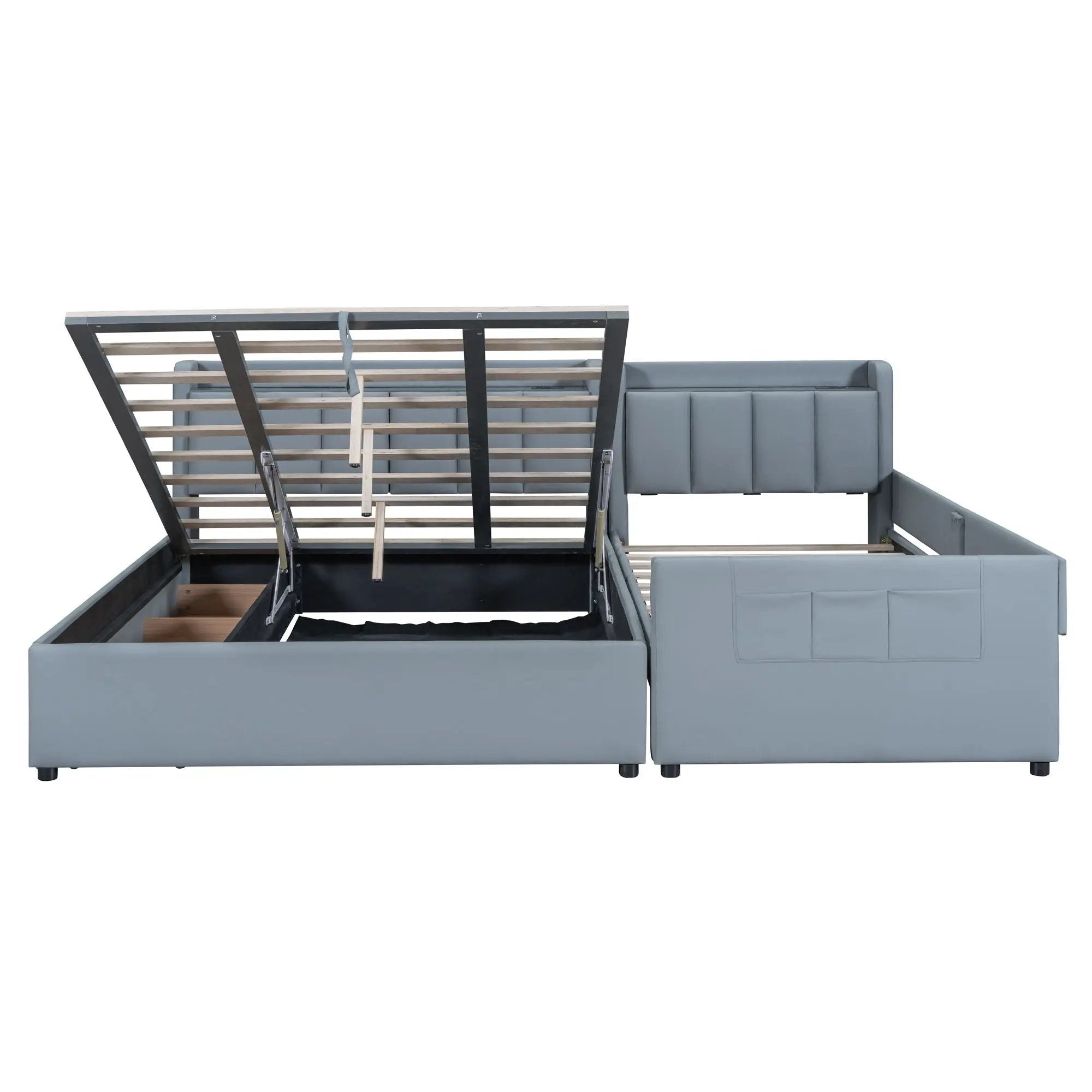 Upholstered Mother & Child Bed With Hydraulic Storage System, Drawer Box, Bedhead Storage Shelf And 2 Pairs Of Sockets & USB Ports by HouseOfZazla