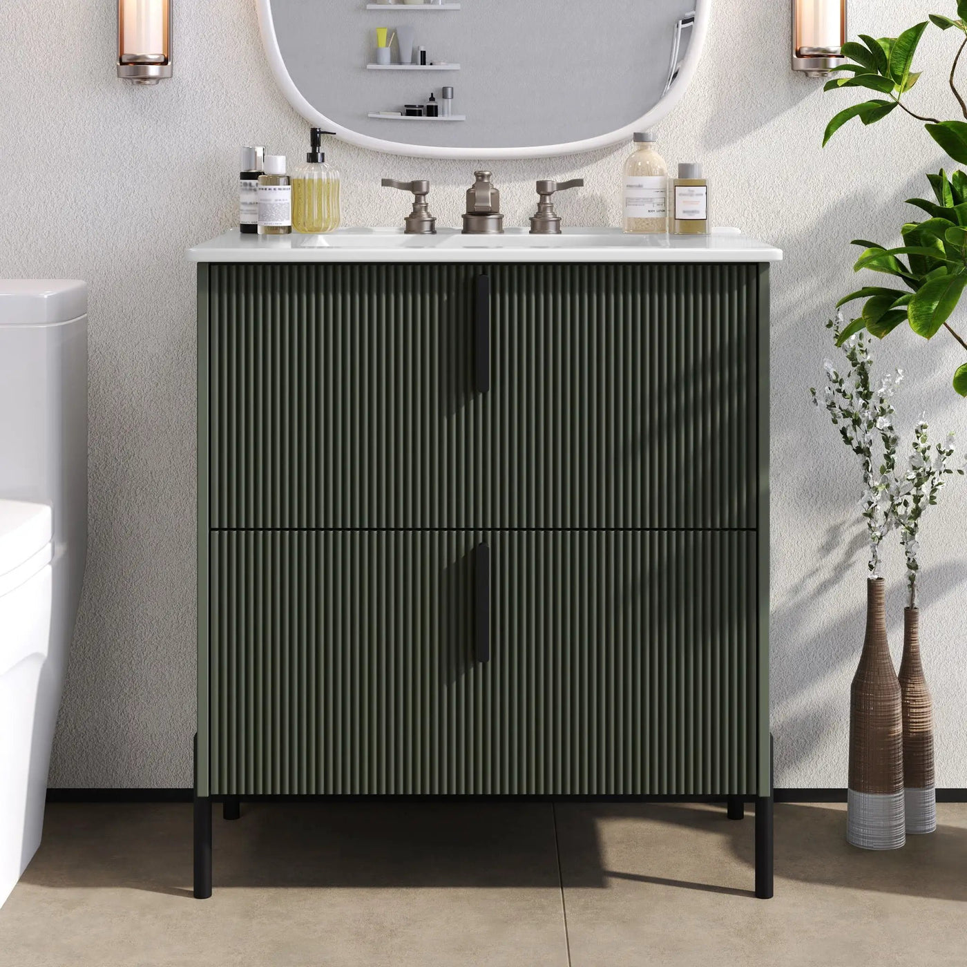 Bathroom Vanity With Ceramic Sink, Fluted Design by HouseOfZazla