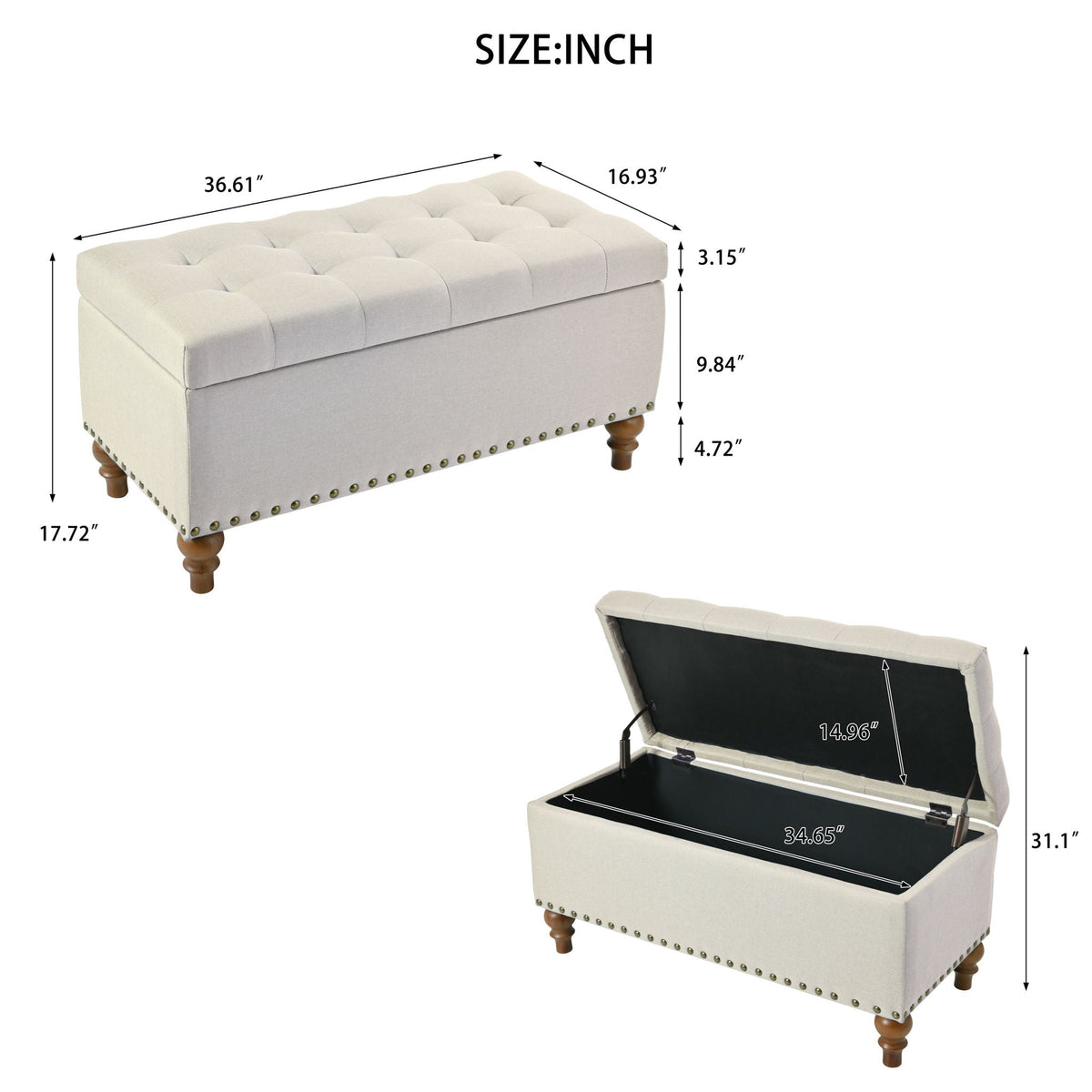 Upholstered Ottoman with Storage and Rivet Trim - Fabric, Beige or Gray, photo 6 of 8