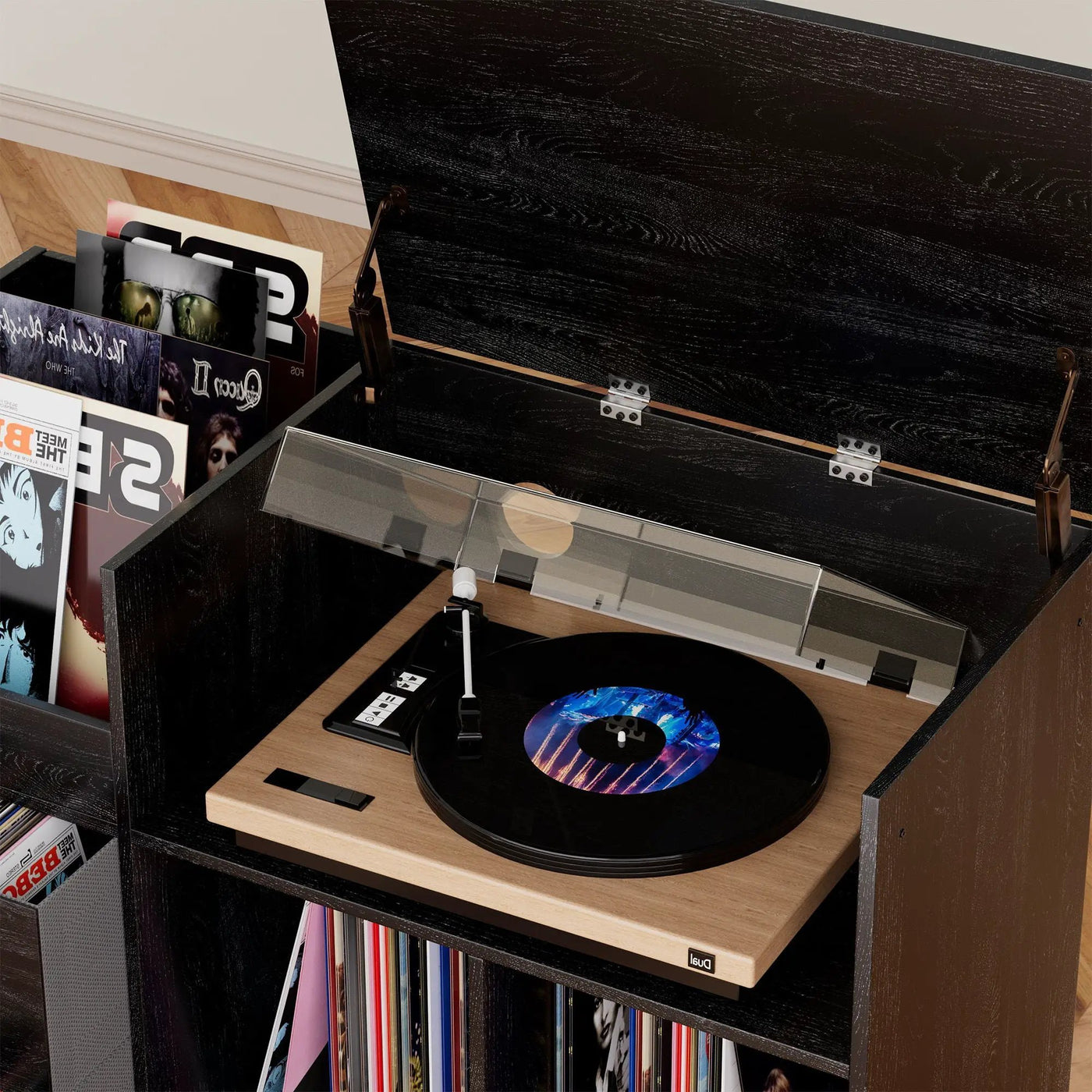 Eco-Friendly Vinyl Record Player Stand With Flip-Top Storage, Media Console With Dual Outlets And Dustproof Drawers by HouseOfZazla