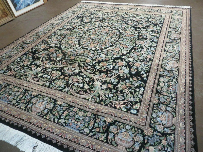 8' X 10' Vintage Handmade Pakistani Floral Wool Rug Black Nice by Jewel Rugs