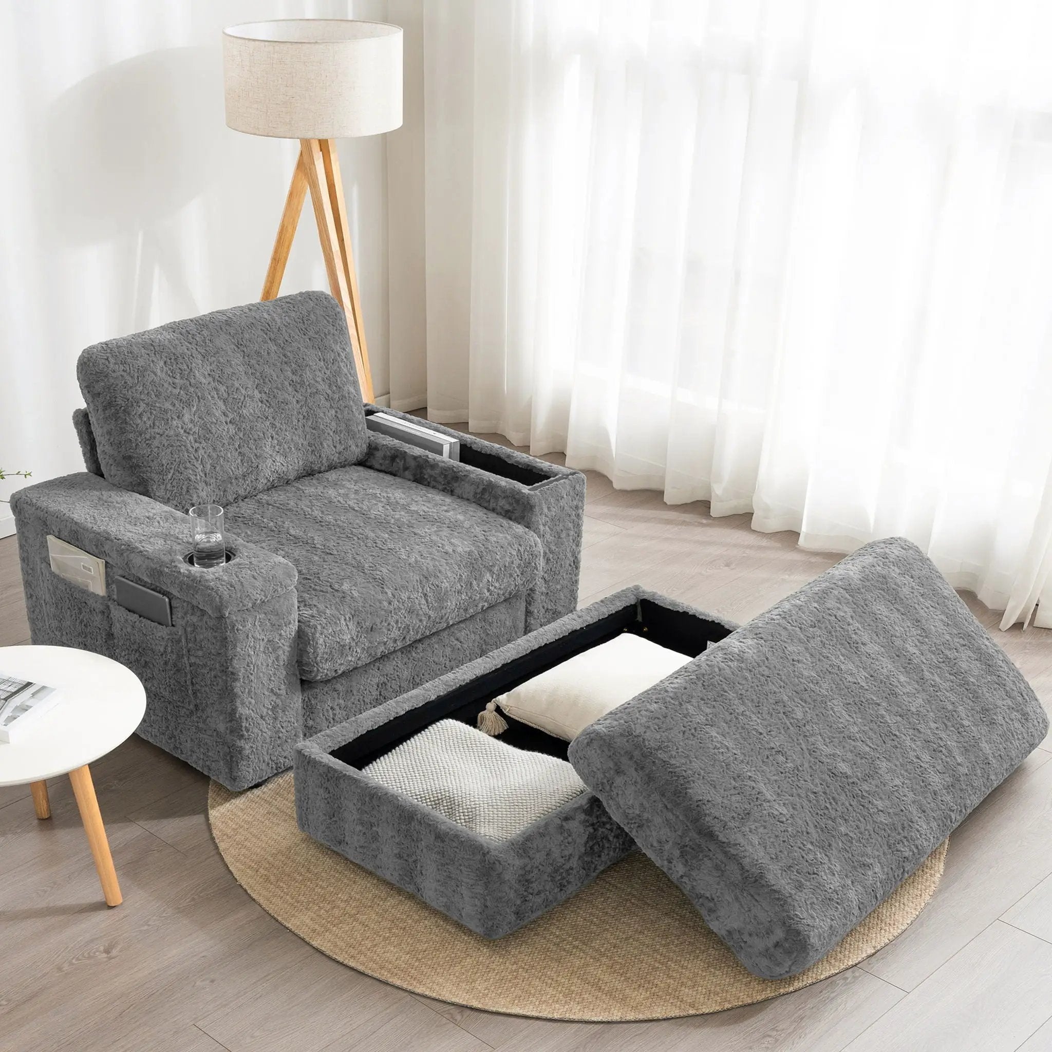 Oversized Chaise Lounge Indoor Rabbit Fur Sofa Bed With Storage Ottoman And Armrests Cup Holders With Deep Seat by Unique Piece Furniture