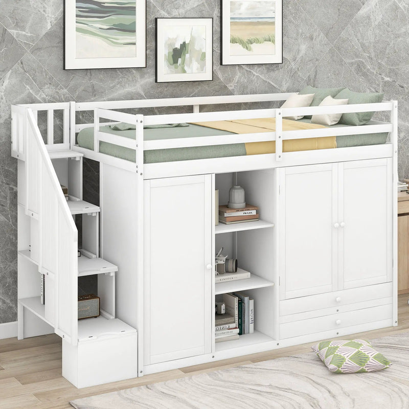 Loft Bed With 3 Shelves, 2 Wardrobes, 2 Drawers, Ladder Storage by HouseOfZazla