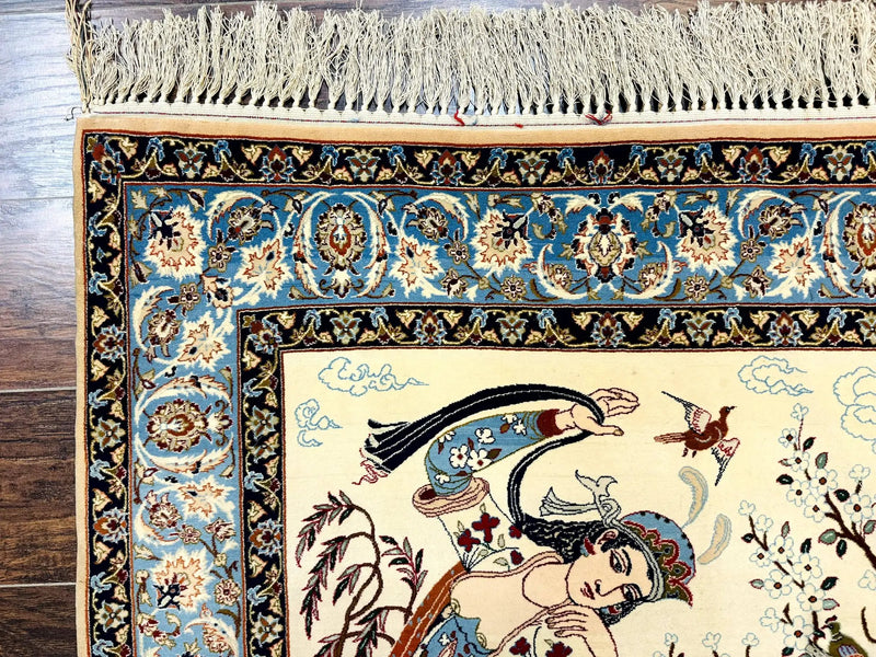Persian Isfahan Pictorial Rug, Two Lovers, Kork Wool on Silk Foundation, Ivory and Light Blue, 500 KPSI Super Fine by Jewel Rugs