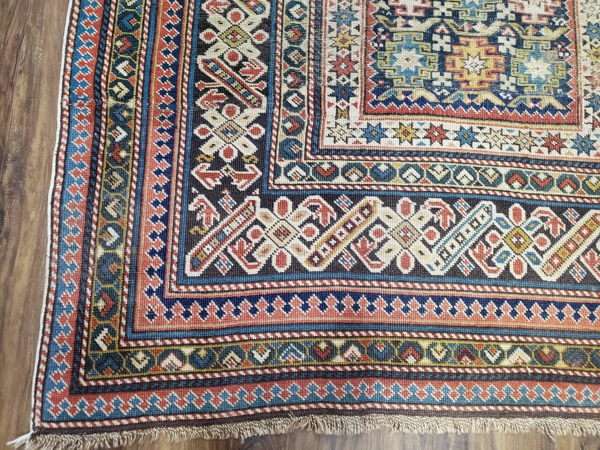 Caucasian Rug 3'9" x 5'7", Antique 1920s Collectible Caucasian Chi Chi Carpet, Hand Knotted, Colorful, Dark Blue Cream Red, Wool, Small Rug by Jewel Rugs