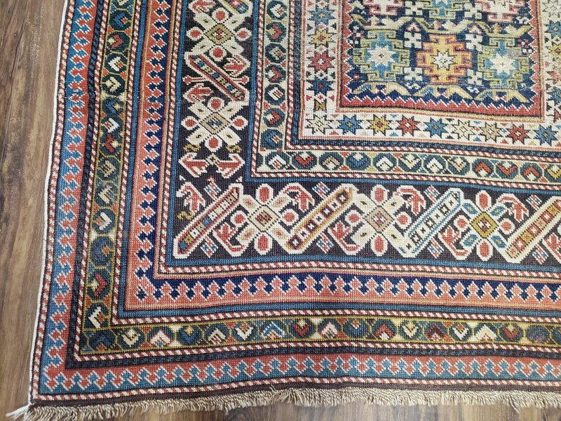 Caucasian Rug 3'9" x 5'7", Antique 1920s Collectible Caucasian Chi Chi Carpet, Hand Knotted, Colorful, Dark Blue Cream Red, Wool, Small Rug by Jewel Rugs