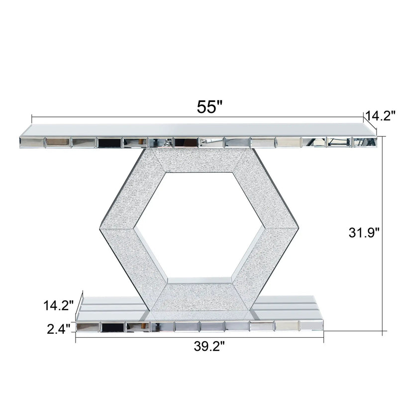 Sparkling Crystal Hexagon Mirror Entryway Premium Modern Foyer Console Table With Diamond Glass Effects, Dual Tier Luxury Sofa Table - Silver by HouseOfZazla