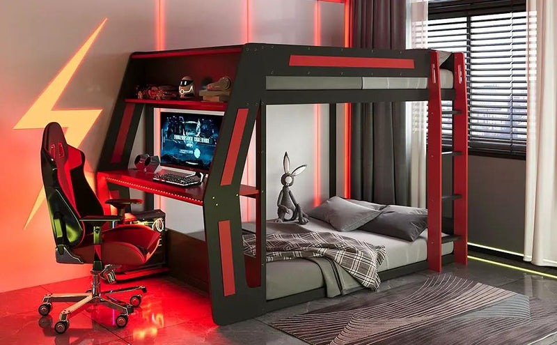 Full-Size Gaming Bunk Bed with Side-Mounted Oversized RGB Desk by HouseOfZazla