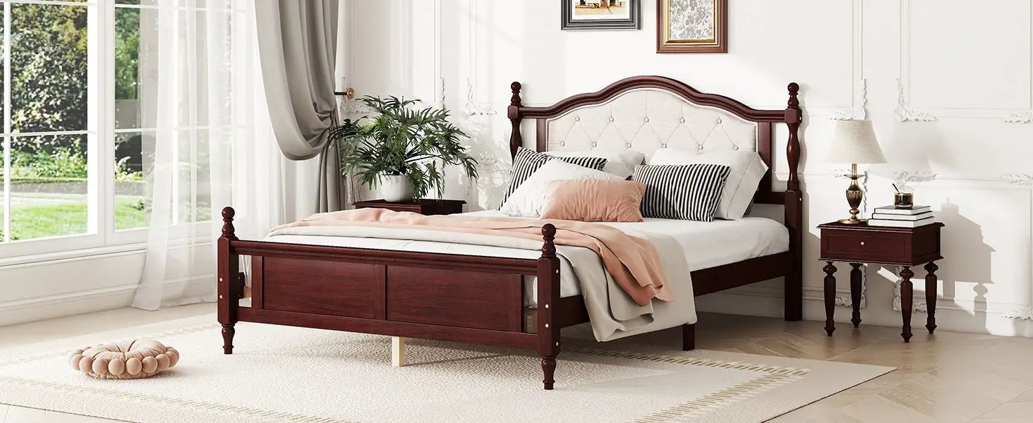 Pine Wooden Bed With Upholstered Headboard And Panel Footboard, With Two Bed Rail Support Feet And Central Platform Support Feet by Unique Piece Furniture