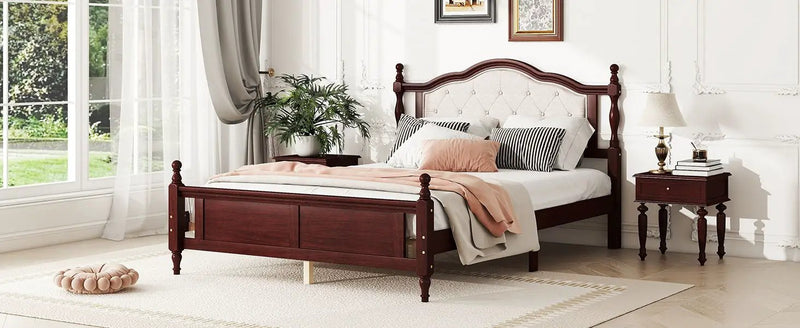 Pine Wooden Bed With Upholstered Headboard And Panel Footboard, With Two Bed Rail Support Feet And Central Platform Support Feet by HouseOfZazla