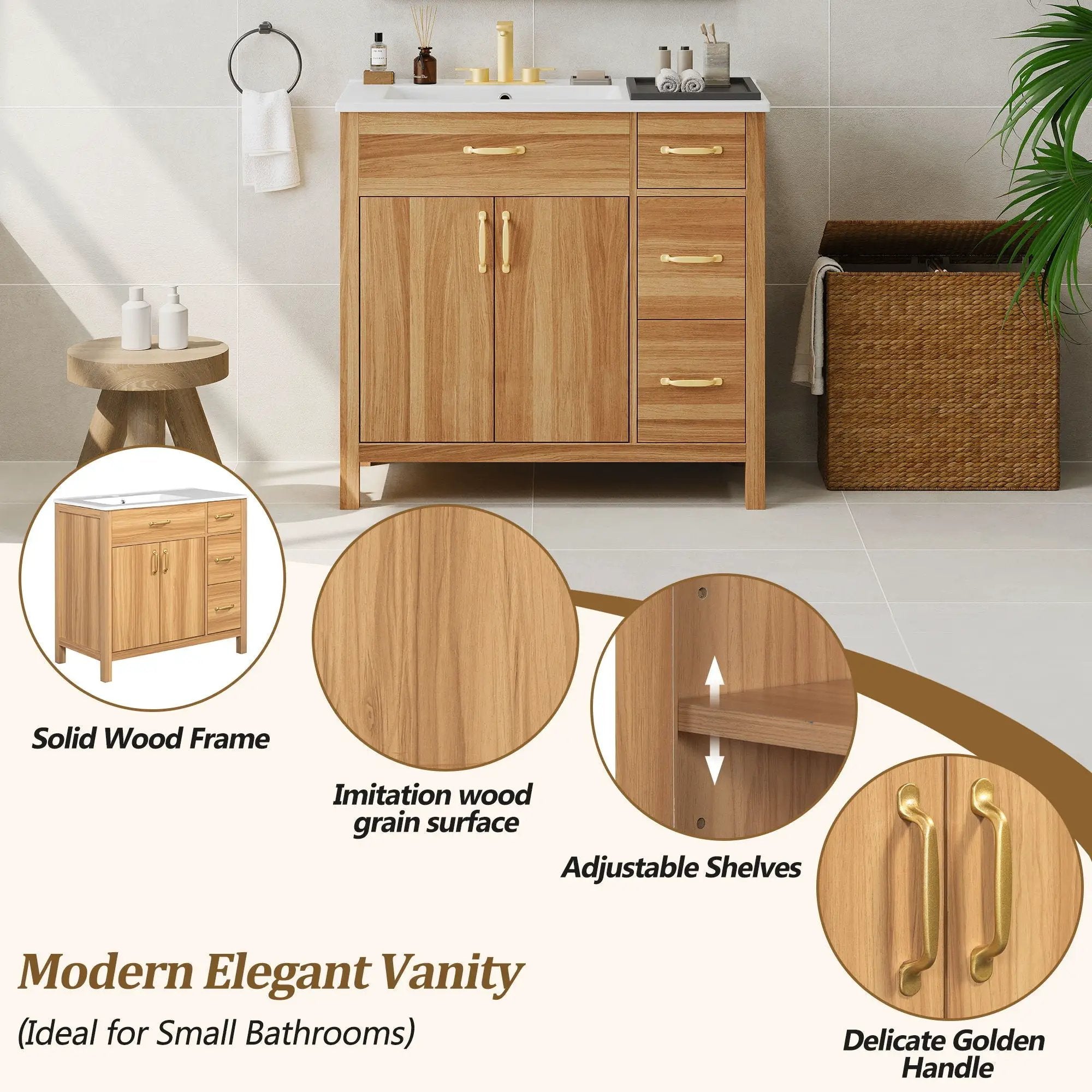 Bathroom Vanity, 2 Soft Close Doors, 3 Soft Close Drawers, Adjustable Shelf - Wood by HouseOfZazla