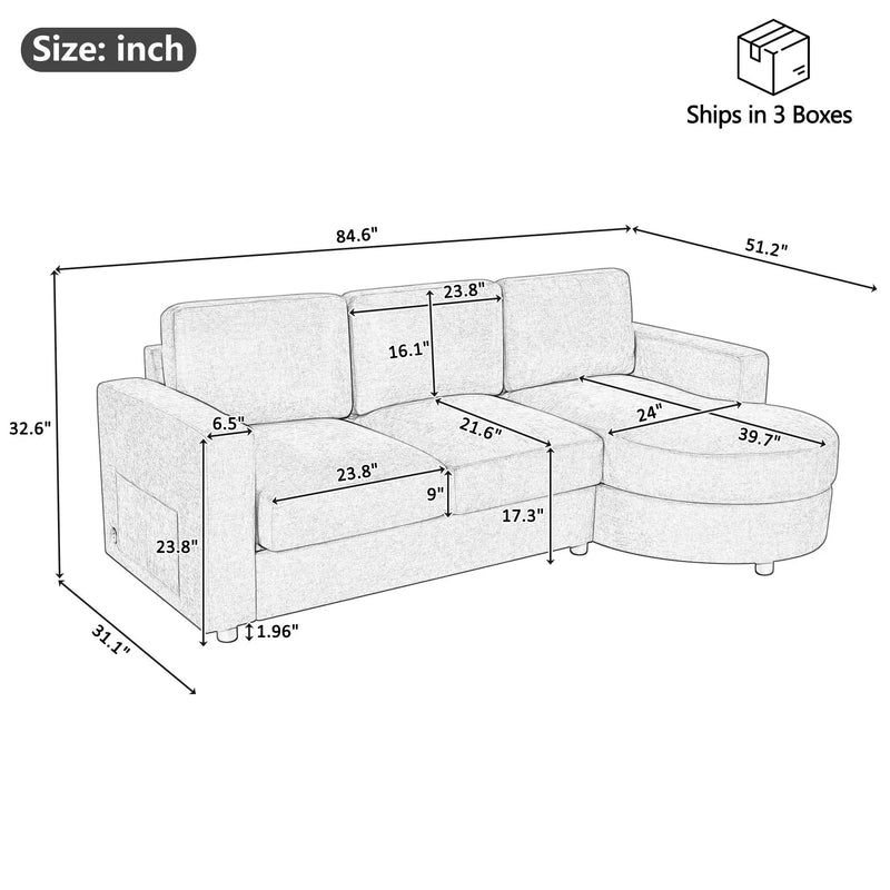 Modern L-Shaped Sectional Sofa With Curved Chaise, USB Ports, And Side Storage Pockets by HouseOfZazla