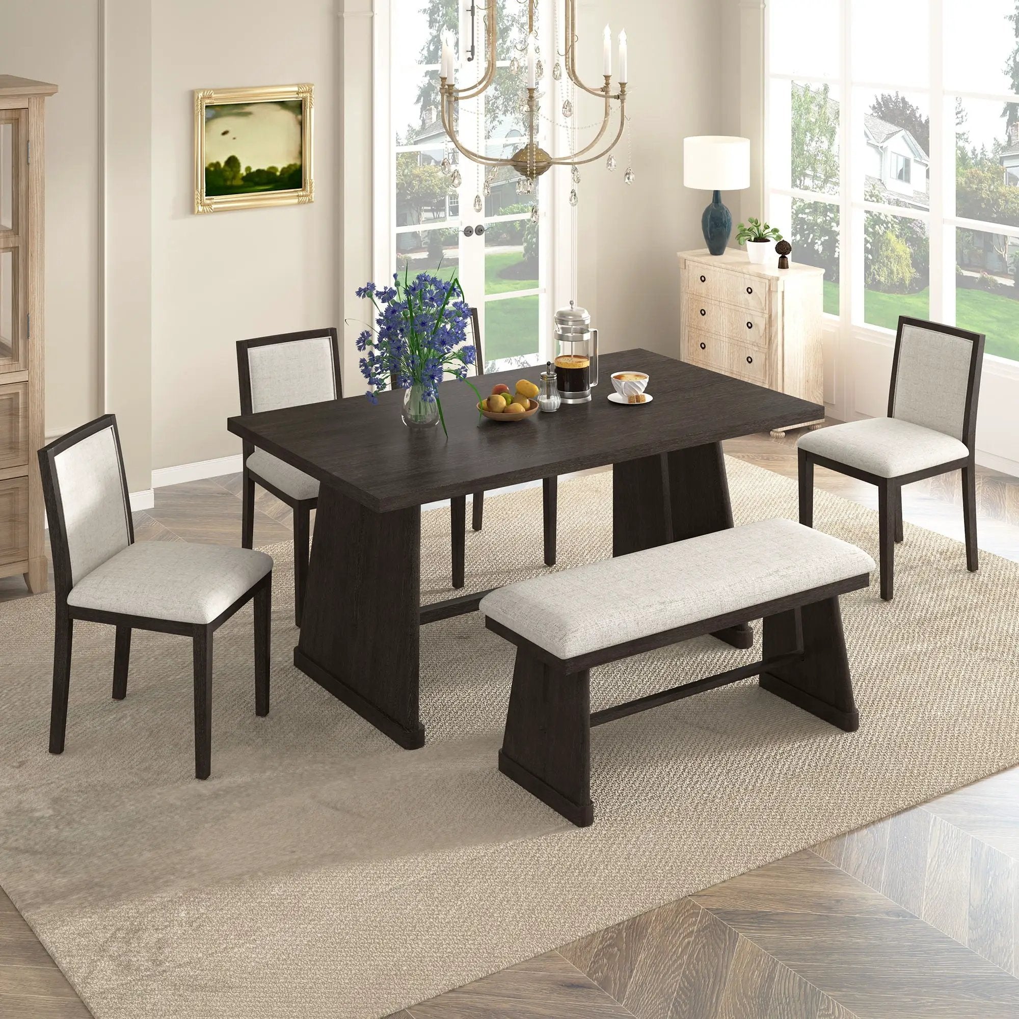 Dining Set With Rectangular Table, 4 Upholstered Chairs & 1 Padded Bench by HouseOfZazla