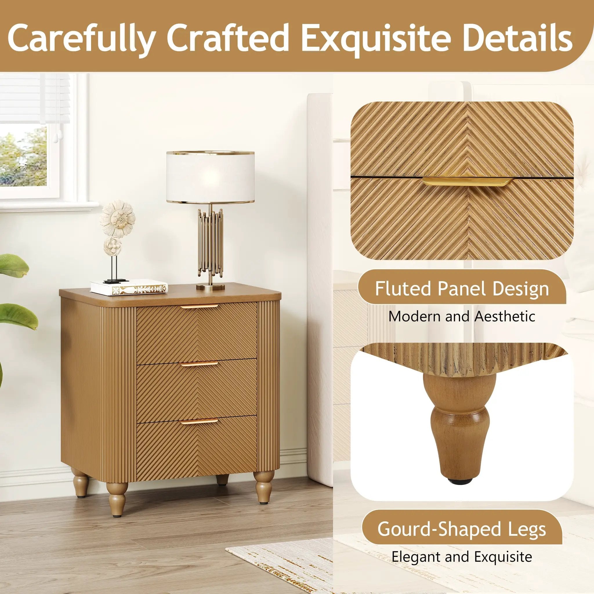 Mid-Century Fluted 3 Drawers Nightstand, Bedside Table with Curved Profile Design and Wide by HouseOfZazla