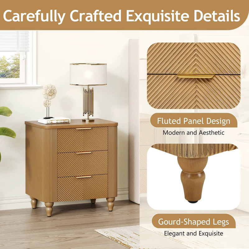 Mid-Century Fluted 3 Drawers Nightstand, Bedside Table with Curved Profile Design and Wide by HouseOfZazla